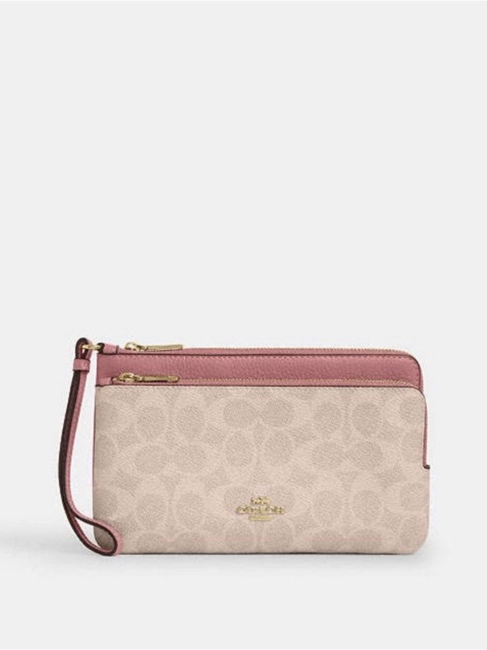 Coach Signature Canvas Double Zip Wristlet in Sand and Peony